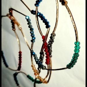 Blue Amber Red Sparkling Beads & Long Twisted Golden Rods Necklace 42"